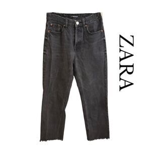 Zara Jeans Women Size 4 Black High Rise Waist Wide Leg Raw Hem Denim Pants